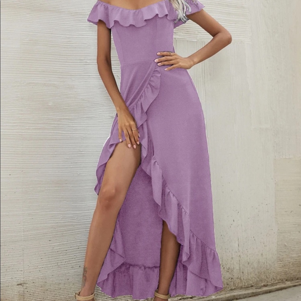 Off the Shoulder Lilac Hi-Low Dress
